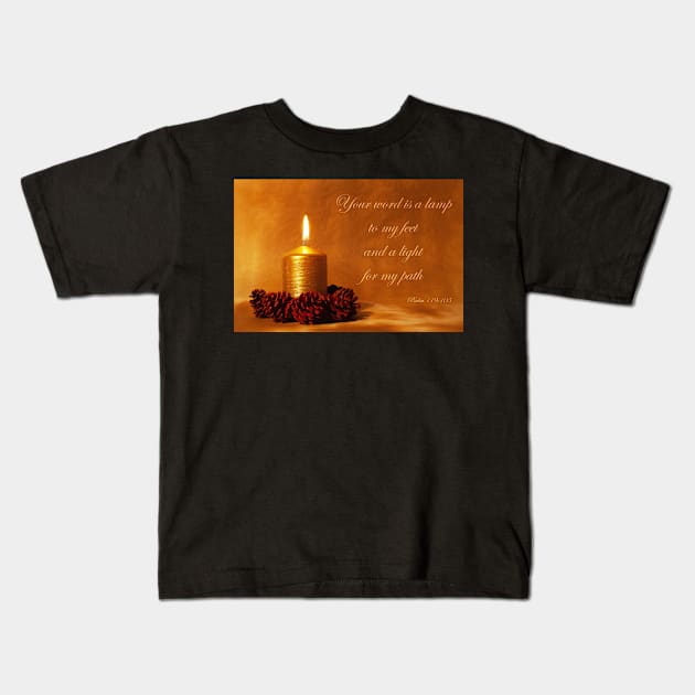 Bible quote with Christmas candle in golden light with pine cones Kids T-Shirt by SPJE Illustration Photography